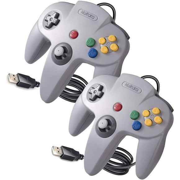 2 Pack Classic N64 USB Controller, kiwitatá Retro N64 Bit PC Wired USB Game Pad Joystick Controller for Windows PC/Mac Laptop Computer Retro Pie Gray