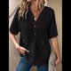thumbnail image 5 of Blusas de Verano para Mujer, de Punto Gofre, de Corta, con Cordón, Sudaderas con Botones y Cuello en V, Blusas Informales, Camisas. Negro L, 5 of 9