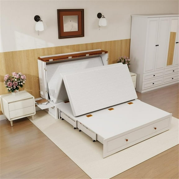 Pemberly Row Queen Murphy Bed with Storage Drawer in White-Included Mattress