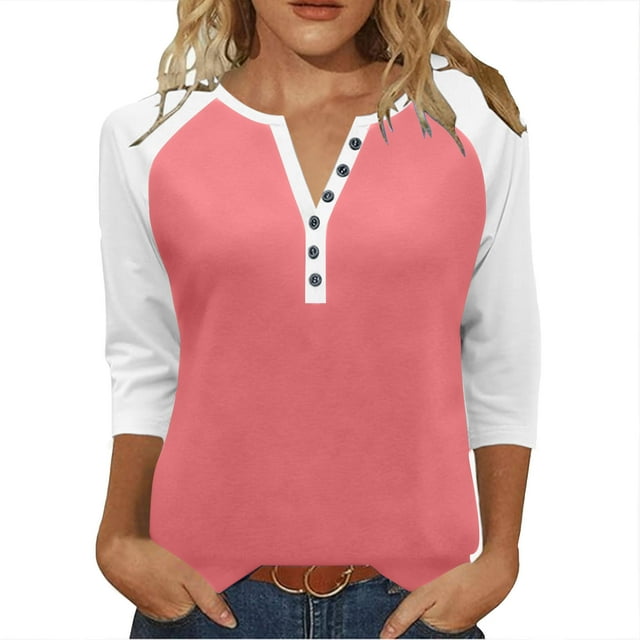 Women's Casual 3/4 Sleeve T-Shirts, Button V Neck Raglan Blouses Color Block Basic Tee Tops Loose Fitting Tunic Shirt S