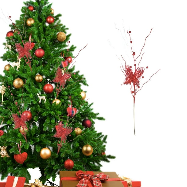 Decoraciones navideñas, adornos navideños, regalos de Navidad. Esquejes navideños largos de 81 cm (32 pulgadas) con polvo dorado para decoración de fiestas navideñas: mariposas, ramas, bayas, lentejue
