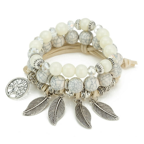 Bracelets de Perles Empilables Bohème pour les Femmes Stretch Bracelet de Perles Multicouches Ensemble Pompon de Feuille Charme Bracelets Femmes Cadeaux, Blanc