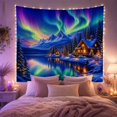 thumbnail image 2 of Aurora Borealis Over Snowy Lake Cabin Wilderness, Mystical Celestial for Nature Lovers, Winter Landscape Art, Christmas Gift Tapestry Wall Hanging for Bedroom and Living Room, 2 of 7
