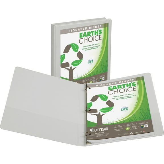 Earth's Choice Biobased Round Ring View Binder, 3 Rings, 0.5" Capacity, 11 X 8.5, White | Bundle of 5 Each