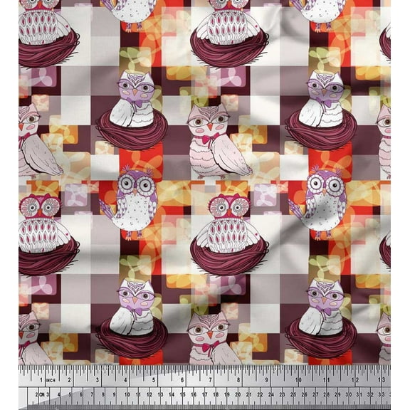 Soimoi Silk Fabric Check,Nest & Owl Cartoon Print Sewing Fabric Yard 42 Inch Wide