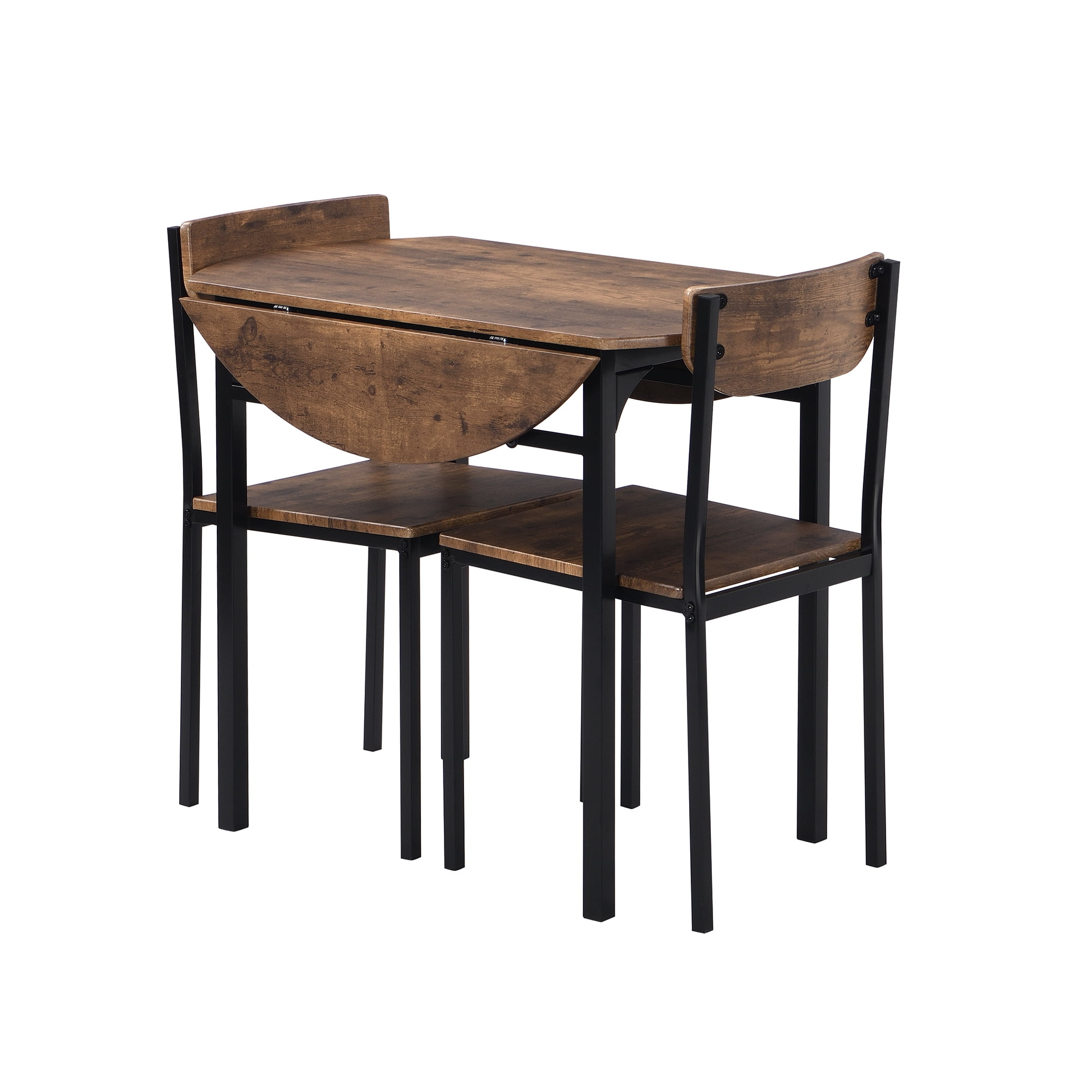 Euroco 3-Piece Round Dining Table Set for 2, Modern Extendable Kitchen Table Set with Drop Leaf,Metal Legs and 2 Chairs for Small Places,Brown