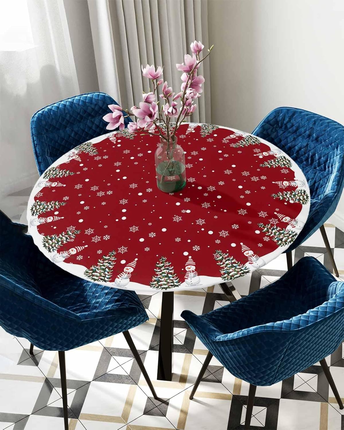 Christmas Round Tablecloth Fitted Table Cover, Elastic Tablecloths Waterproof Outdoor Indoor Stretch Cloth Tablecover for Dinner, Party, Shower, Winter Snowflake Red Snowman 36-44IN