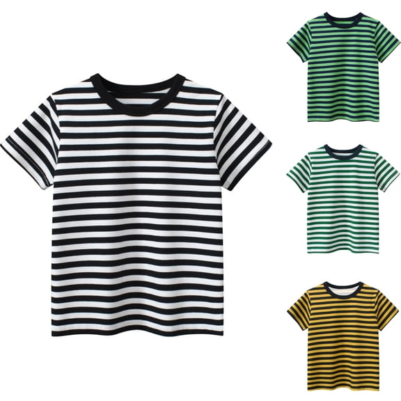 SGFCWSX Kids Short Sleeve T-Shirt, Boys Girls Striped Crew Neck Regular Fit Summer Tees Casual Soft Tops Black Size 5-6Years