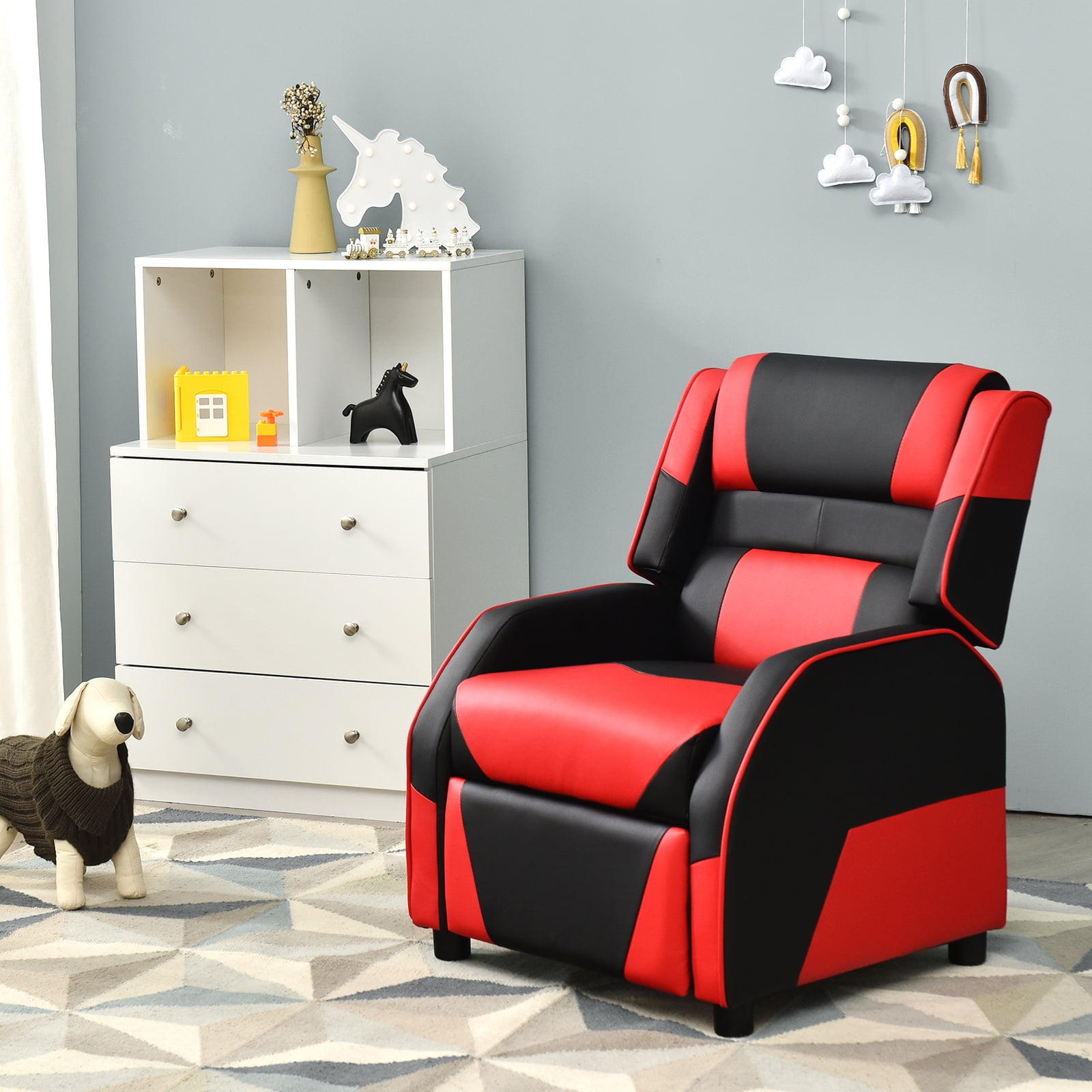 Infans Kids Youth Gaming Sofa Recliner w/Headrest & Footrest PU Leather Red