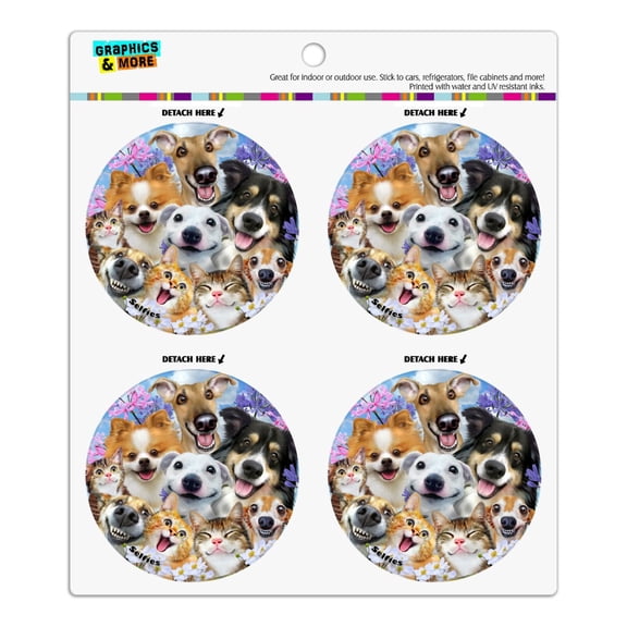 Dogs Cats Fun in the Sun Selfie Refrigerator Fridge Locker Vinyl Circle Magnet Set
