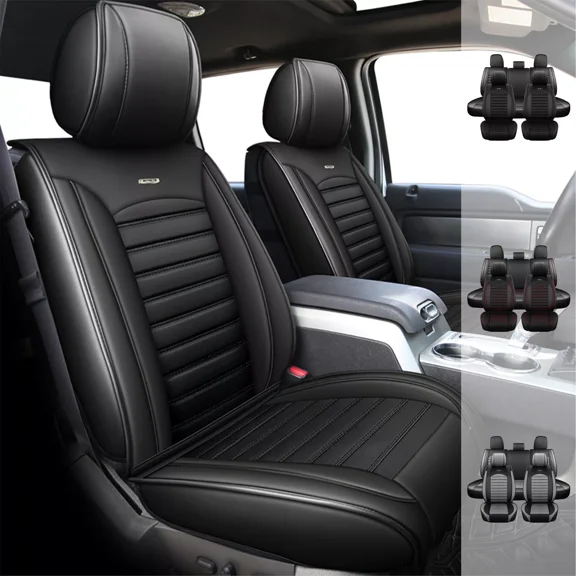 FANOTEK Customed for 2009-2014 Ford F-150 Seat Covers, Waterproof PU Leather Pickup Truck Seat Protector, Front Rear Full Set Black