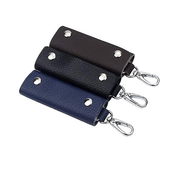 Cartera de cuero para llaves Llavero portátil Estuche impermeable para llaves para almacenamiento de llaves (3 piezas, negro + azul + marrón) -aya