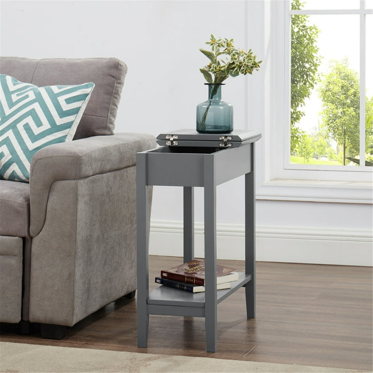 Homestock Cream Narrow End Table with Storage, Flip Top Narrow Side Tables for Small Spaces, Slim End Table with Storage Shelf, Ivory