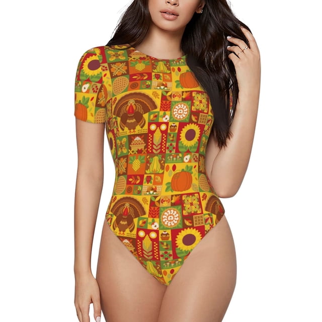 Fotbe Thanksgiving Day Body de Mujer con Cuello Redondo y Mangas Cortas, Sin Mangas Ajustado, Suave, Cómodo y Básico-Large