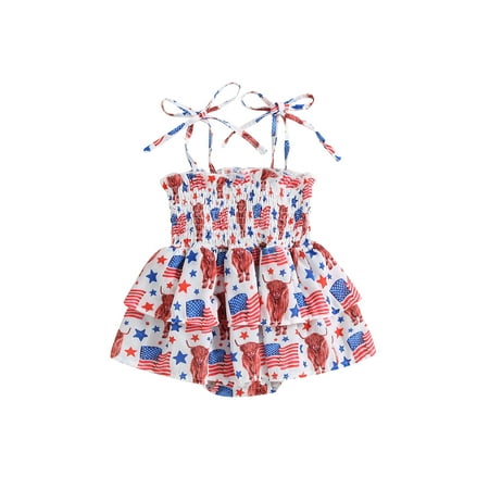 

Wassery 4th of July Infant Girls Romper Dress 6 12 18 24 Months Baby Girls Independence Day Jumpsuit Summer Floral/Bull Head Print Spaghetti Strap Dress for Newborn 0-24M