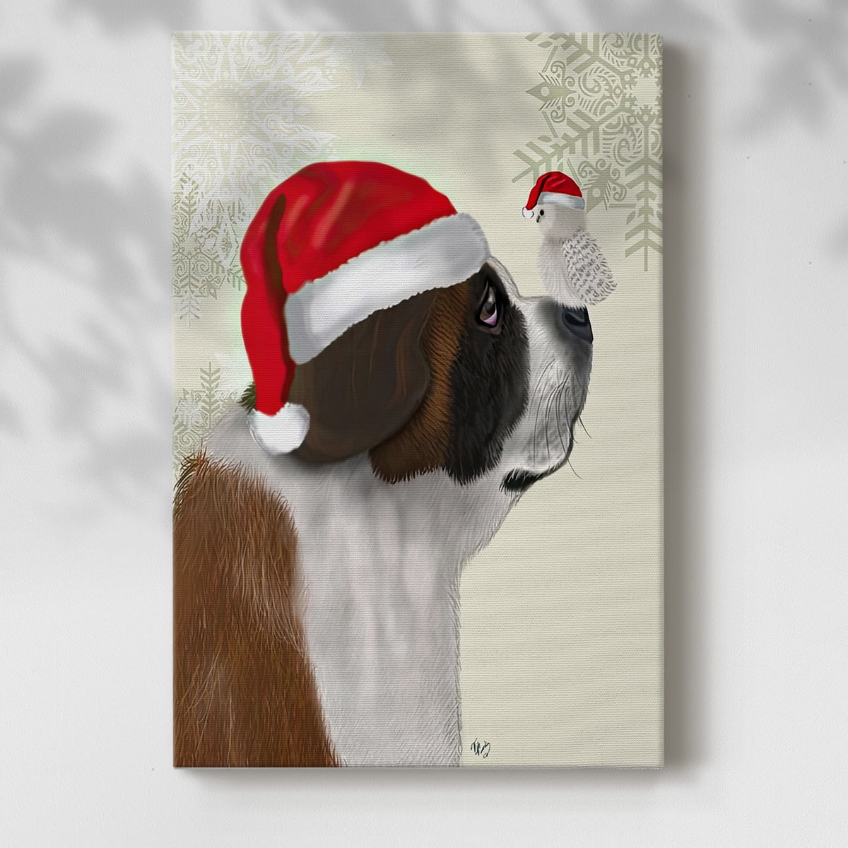 Christmas St Bernard and Fluffy Owl- Gallery Wrapped Canvas