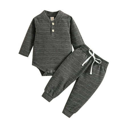 

Ma&Maby Toddler Baby Boy Long Sleeve Romper + Trousers Elasticated Waist Button Detail Loose Casual Clothing