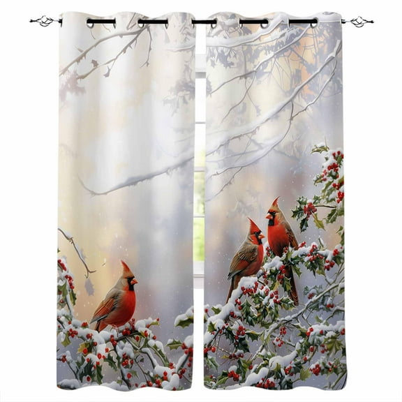 Hokiten Christmas Blackout Curtains | Light Blocking Print Window Curtains, Xmas Birds Berry Botanical Snowflake Thermal Insulated Window Drapes for Living Room Kitchen Cafe (2 Panels, 104"W x 52"L)