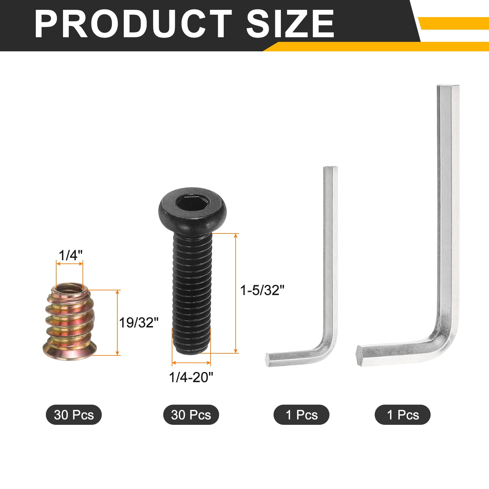 30Sets 1/4-20 x 1-5/32" Furniture Screw Threaded Inserts for Wood, 1/4 x 19/32" Inserts Nut Bolt Fastener Connector with Hex Socket Drive Mount for Secure Joints