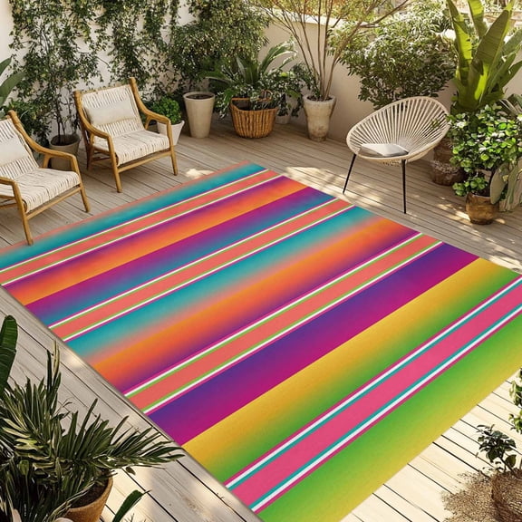 Mexican Style Outdoor Rug for Patio/Deck/Porch, Non-Slip Large Area Rug 3 x 5 Ft, Colorful Mexico Stripes Orange Purple Indoor Outdoor Rugs Washable Area Rugs, Reversible Camping Rug Carpet Runner