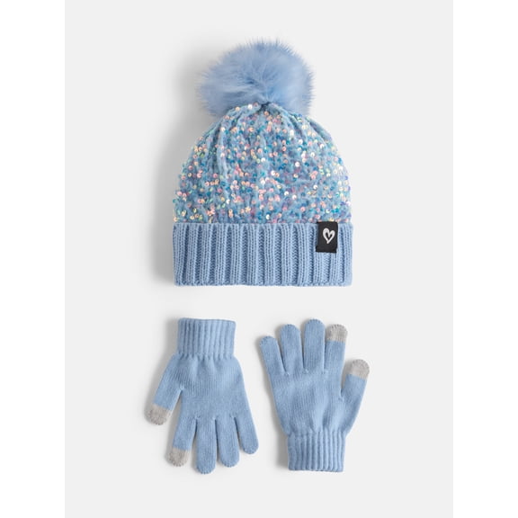 Justice Girls Velvet Sequin Hat and Glove Set, Blue