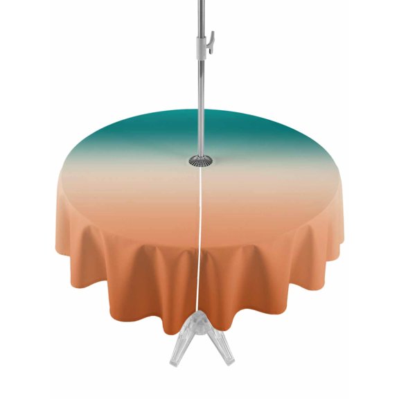 Outdoor Tablecloth with Umbrella Hole for Patio/Picnic/Party/Camping, Teal Burnt Orange Ombre Waterproof Table Cloth Round Cover Washable, Modern Gradient Abstract Art (Dia 60")