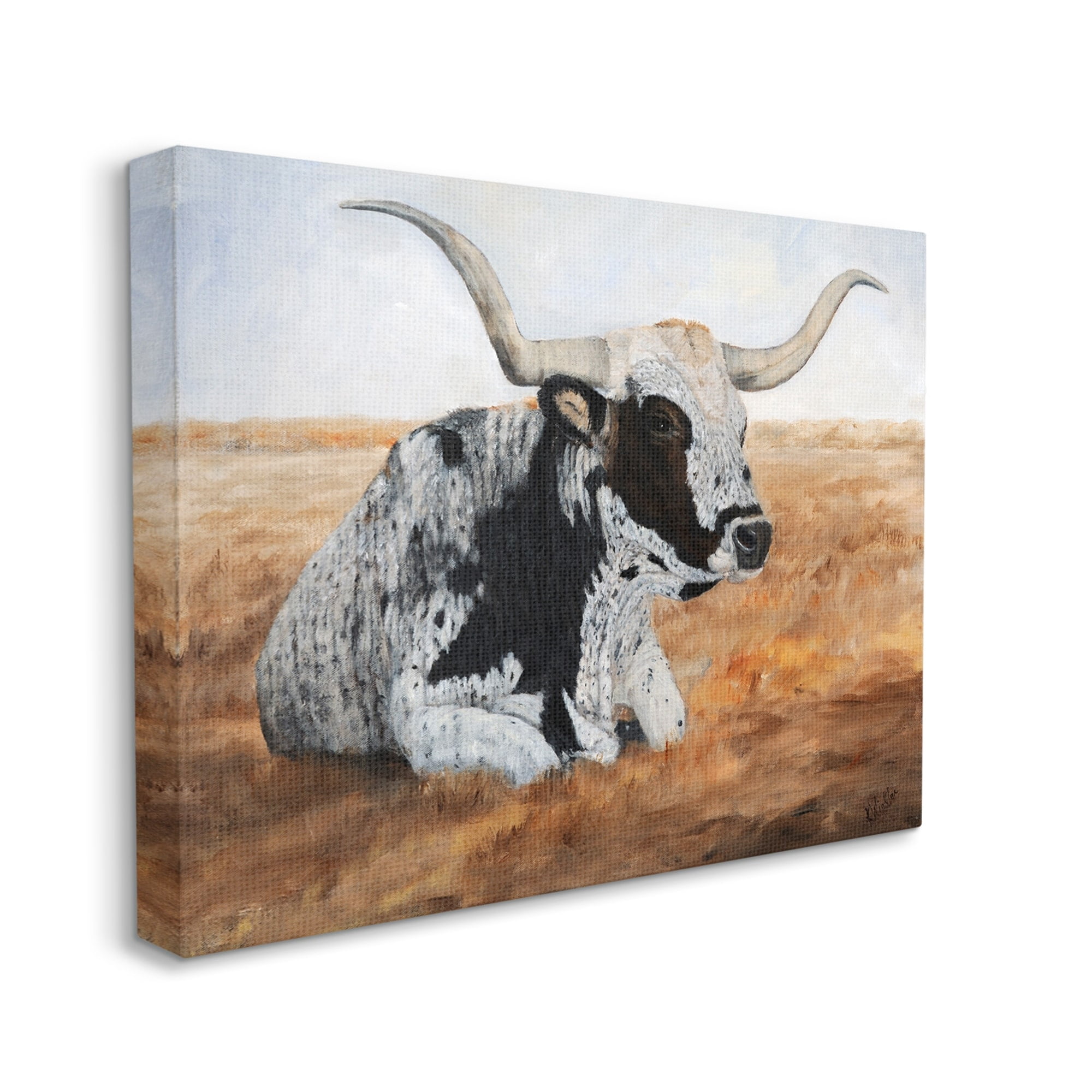 Stupell Longhorn Cattle Prairie Portrait Animals & Insects Painting Gallery Wrapped Canvas Print Wall Art