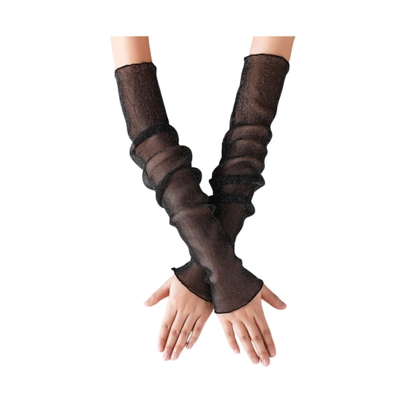 Xinwanna Women Sheer Mesh Arm Sleeves Long Ultra-thin Lace Fingerless Gloves UV Sun Protection Cooling Mesh Tulle Sunscreen Sleeves for Outdoors (Black,One Size)