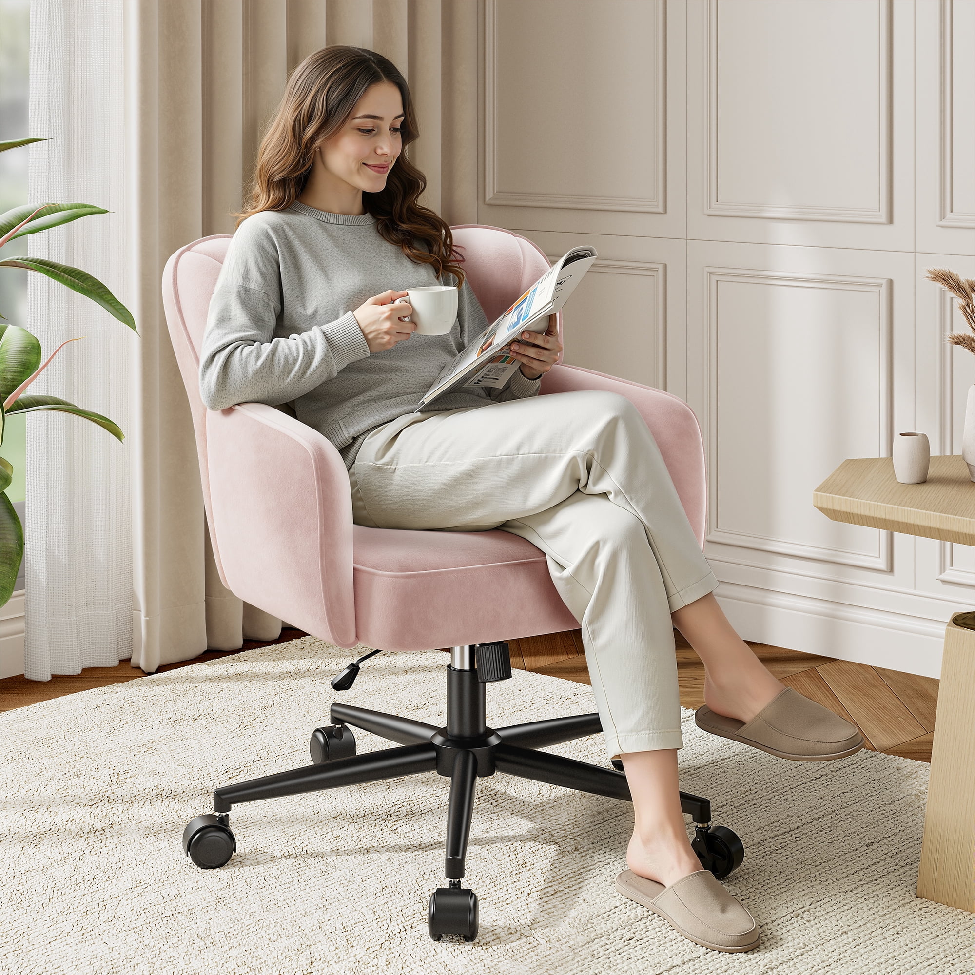 Romorgniz Vanity Chair with Wheels & Back Desk Chair Adjustable Height for Makeup, Work & Relaxation, Pink