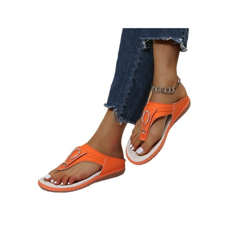 

Woobling Women s Sandals Wedge Slides Beach Flip Flops Ladies Slide Sandal T-strap Casual Shoes Slip On Thick Orange 8