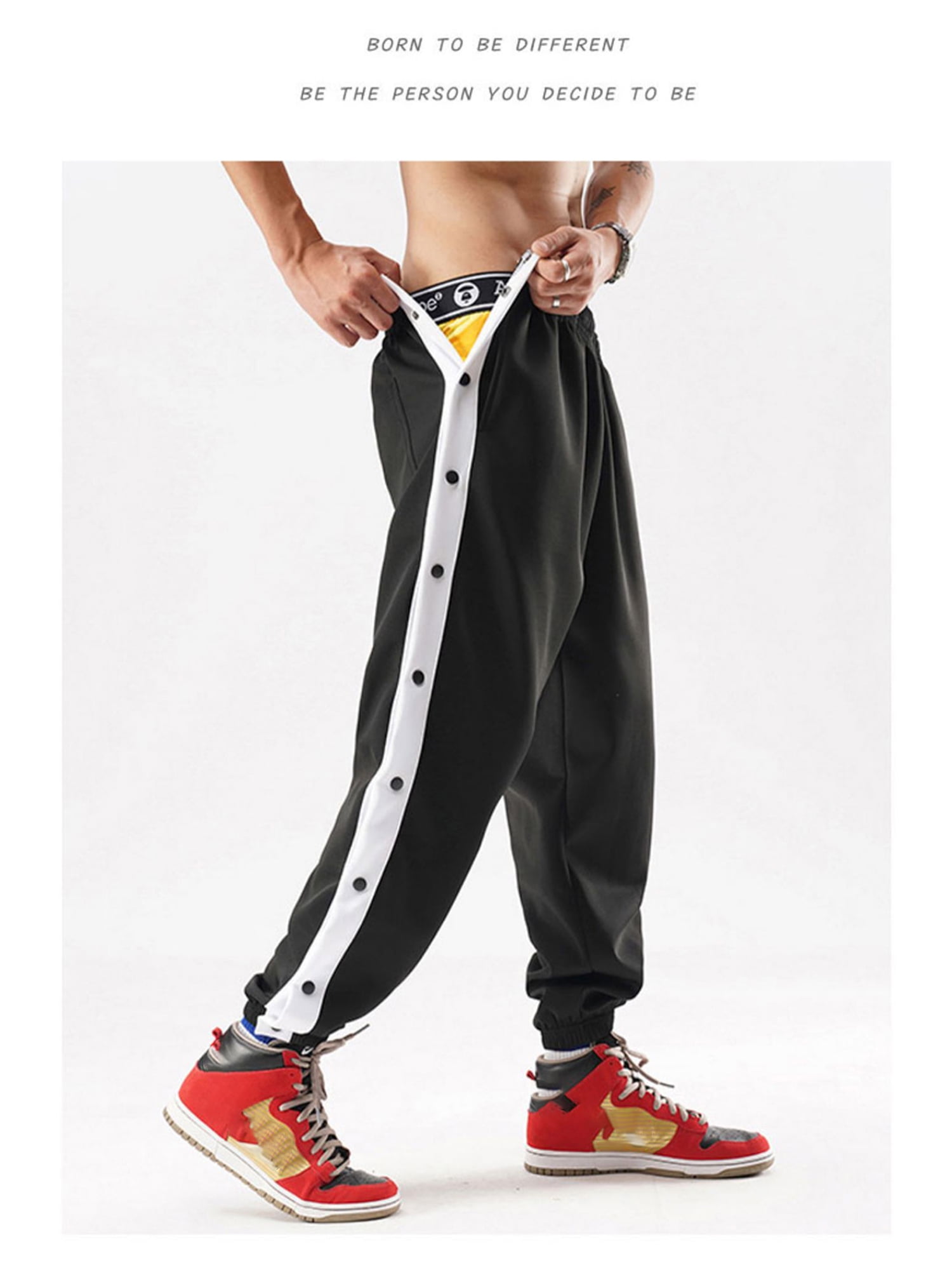 Buy Schbbbta Men's Sporty High Split Snap Button Striped Jogger Pants,  Basketball Tearaway Track Pants, Black-1, 38 at Amazon.in