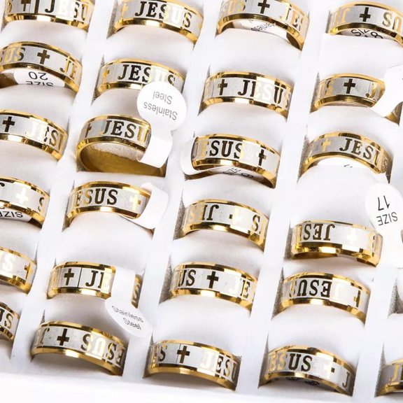 HOOUN Wholesale 12pcs JESUS Cross Stainless Steel Band Rings Religious Church Prayer