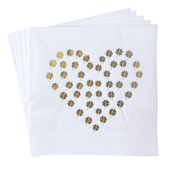 CLOVER 3-Ply Gold Foil Luncheon Napkins, 6.5 x 6.5 Inch, Lucky Four Leaf Clover Heart Pattern, Disposable Paper Napkins for Weddings and Parties