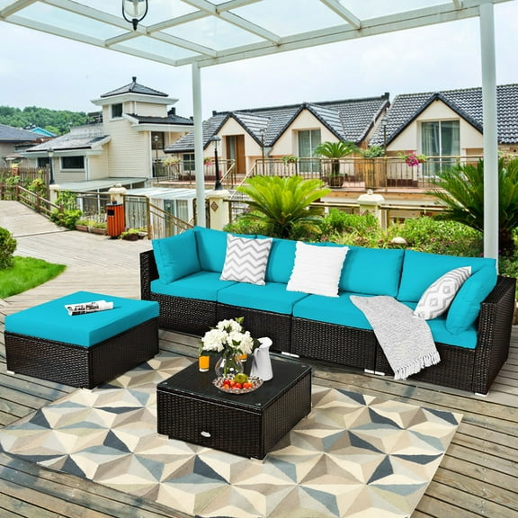6PCS Outdoor Patio Rattan Furniture Set Cushioned Sectional Sofa Turquoise
