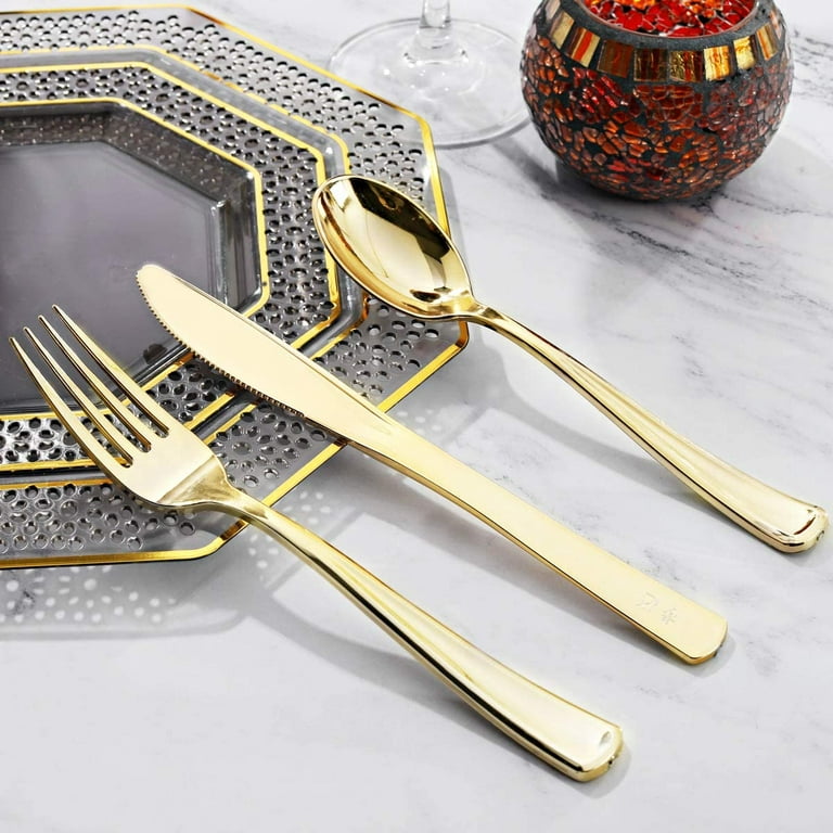 Black / Gold Plastic Serving Forks • Spoons Set - Luxe Party NYC