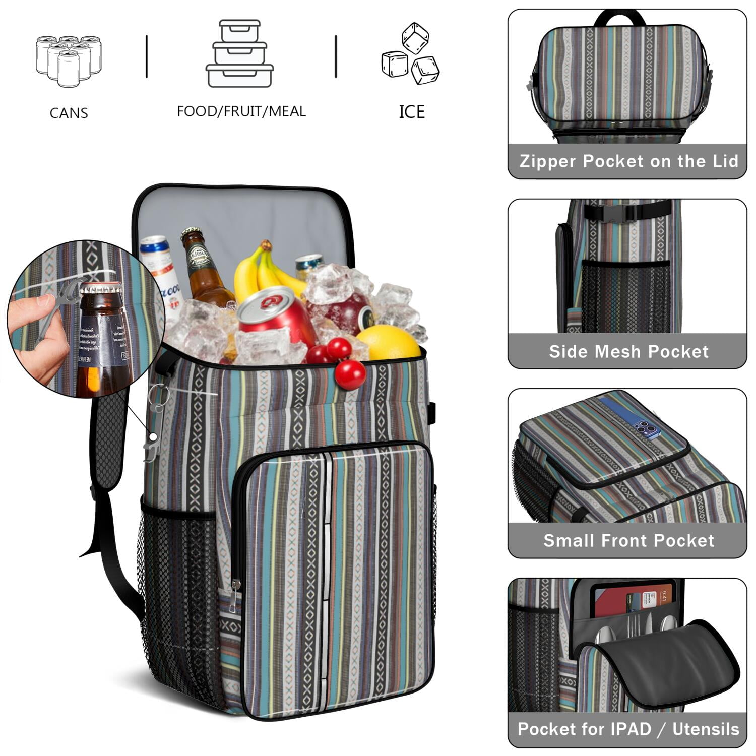 Travel Cooler Bag - Boho Bohemia Pioneer Flower Geometric Line Art Camping Beer Cooler Backpack with Bottle Opener- Waterproof Insulated Picnic Backpacks - Cooler Bag for Beach