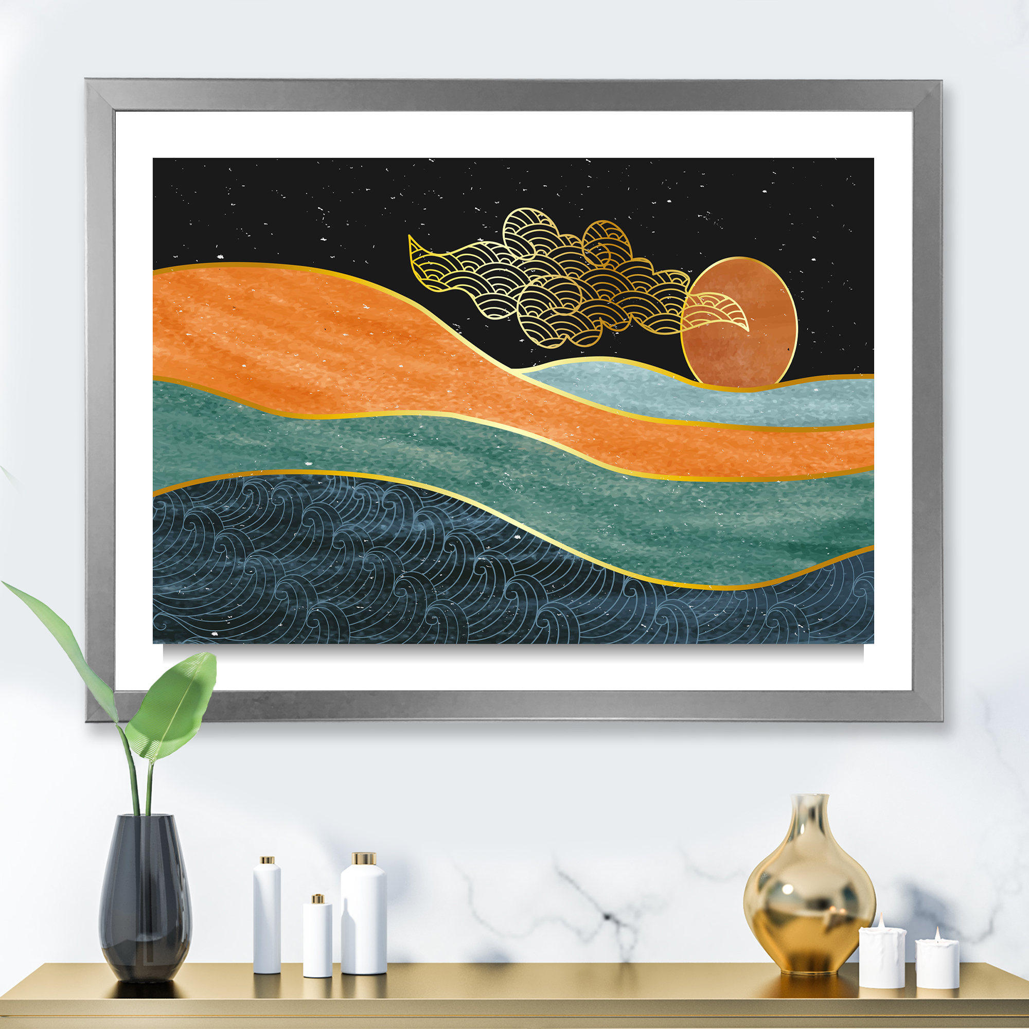 Designart 'Abstract Nature Sea Sun Sky Mountain Landscape' Modern Framed Art Print