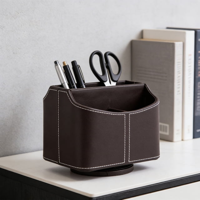 Kadlawus Leather Desk Organizer for Home Office, PU Leather Rotating Pen Holder, 360 Degree Remote Control Holder, Multi-Functional Storage Box for Stationery and Desk Accessories