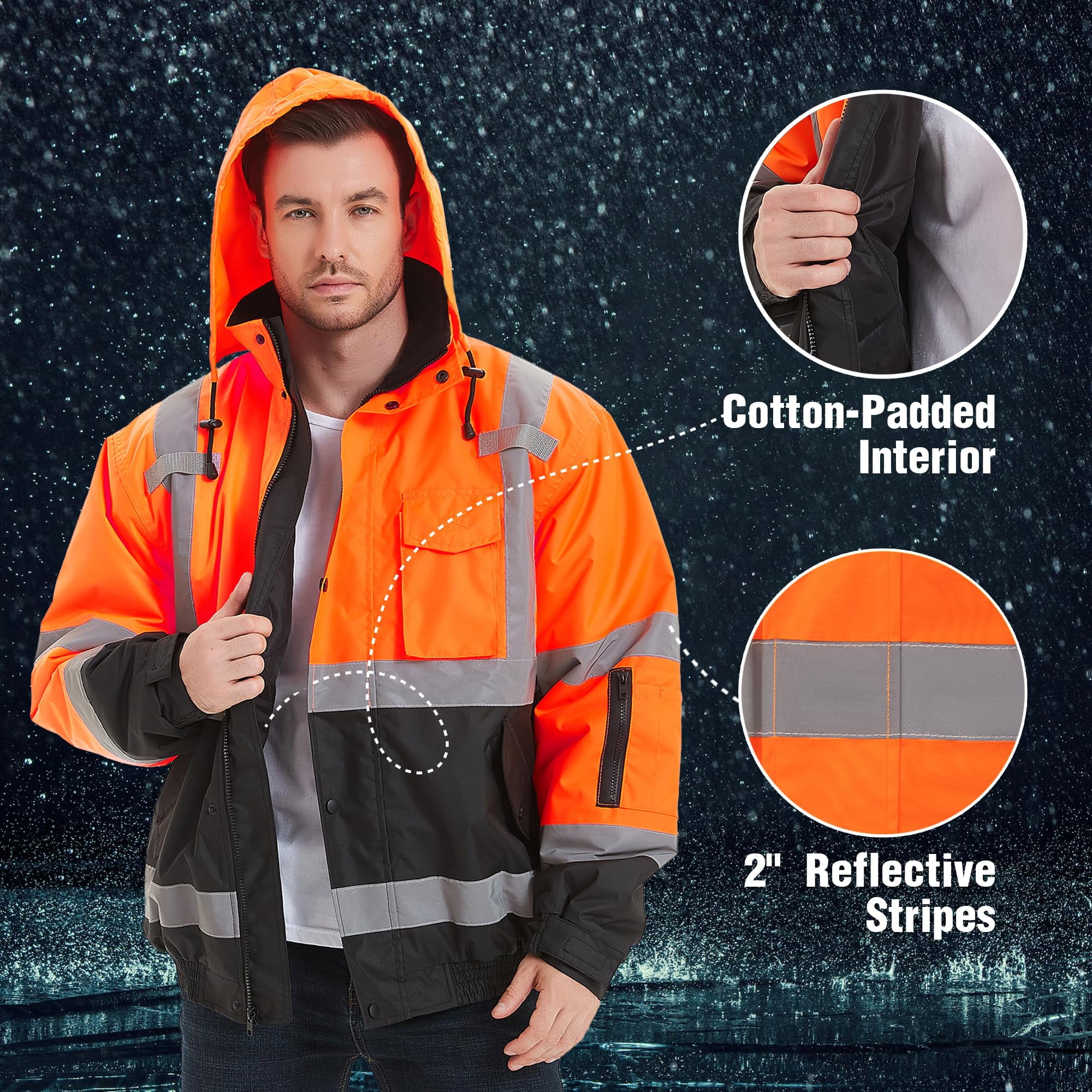 ProtectX High Visibility Safety Waterproof Bomber Jacket for Women Men, Hi Vis Reflective Winter Construction Jacket, Class 3, Orange, 3X-Large ProtectX High Visibility Safety Waterproof Bomber Jacket for Women Men, Hi Vis Reflective Winter Construction Jacket, Class 3, Orange, 3X-Large