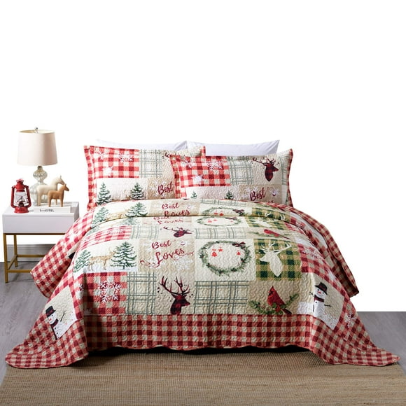 Ensemble de 3 Pcs Courtepointe Rustique Style Chalet avec Cerf Courtepointe de Noël Couvre-Lit Matelassé Courtepointe Imprimée Ensemble de Courtepointe Literie Jeté Couverture Couvre-Lit Léger Ensemble de Couvre-Lit/ Courtepointe Bonhomme de Neige B009(Grand)
