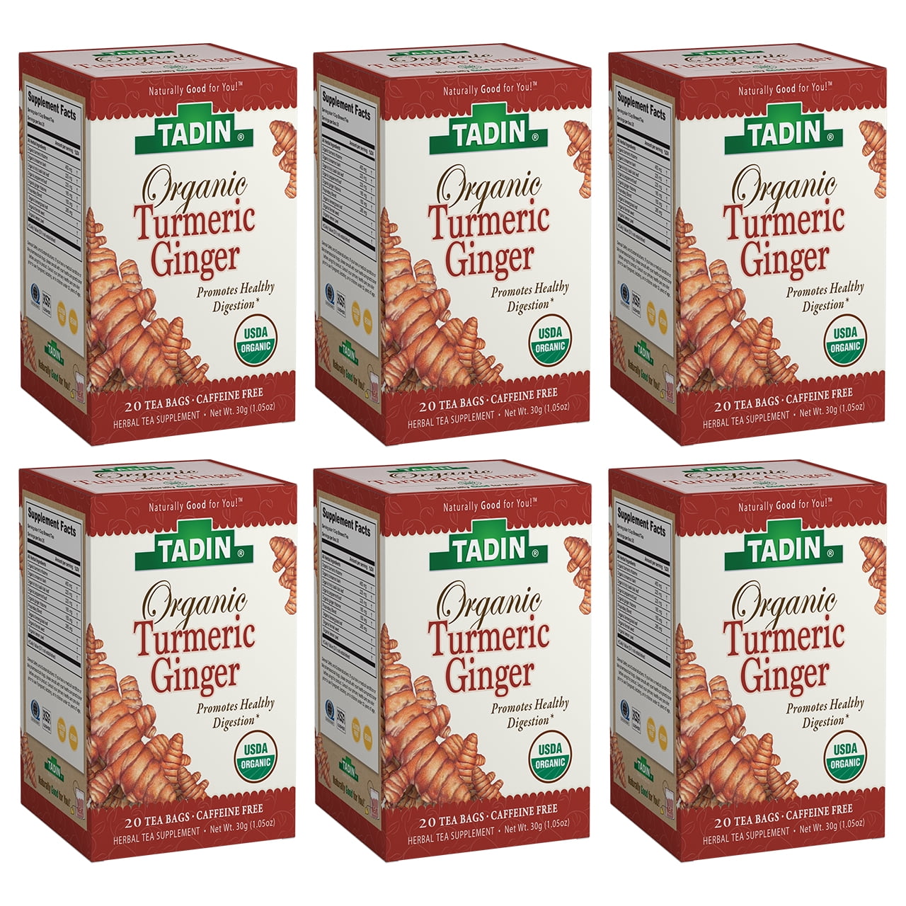 Tadin Organic Turmeric Ginger Herbal Tea. Immune System Booster. Digestive Health Supplement. Caffeine Free. 20 Teabags. Pack of 6