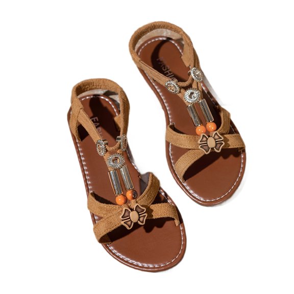 EKVAHL Women's Brown Bohemian Flat Sandals, Vintage Beaded Beach Sandals with Elastic Ankle Strap, Summer Casual Dressy Gladiator Shoes for Daily