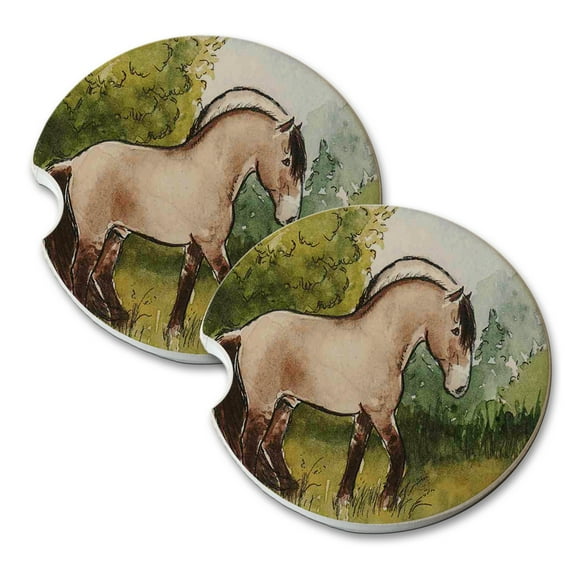KuzmarK Sandstone Car Drink Coaster (set of 2) - Norwegian Fjord Horse in Summer Horse Art by Denise Every