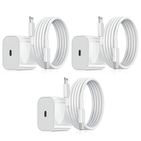 20W Fast Charger with Cable, White, 3-Pack, Compatible with Apple iPhone