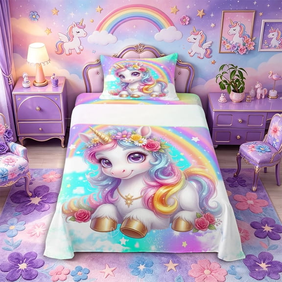 Metsweet Dreamy Floral Unicorn Twin Sheets 3pcs, Gradient Rainbow Bedding,1 Fitted Sheet, 1 Flat Sheet and 1 Pillowcase