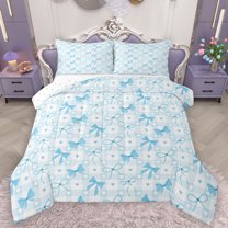 Homewish Kawaii Blue Ribbon Bedding Comforter Set, Fashion Buffalo Patchwork Twin Comforter Sets, Teens Kids Boys Girls Reversible Bedding Set, Ultra Soft Bedroom Decor, 2 Pieces