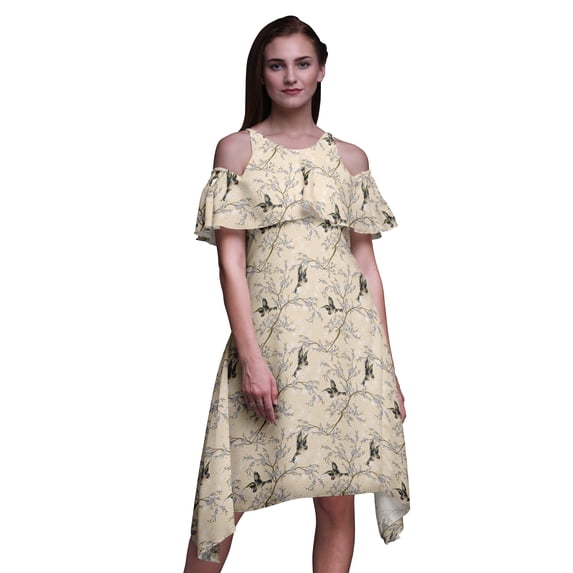 Bimba Bird Print Cold Shoulder Women Swing Tunic Flutter Sleeve Midi Dress-Medium