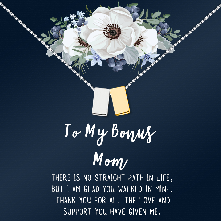 To My Bonus Mom Mother's Day Necklace, Bonus Mom Cube Necklace, Mother's Day Gift for Step Mom, Necklace and Card Gift for Step Mom [Silver-Gold, No-Personalized Card]