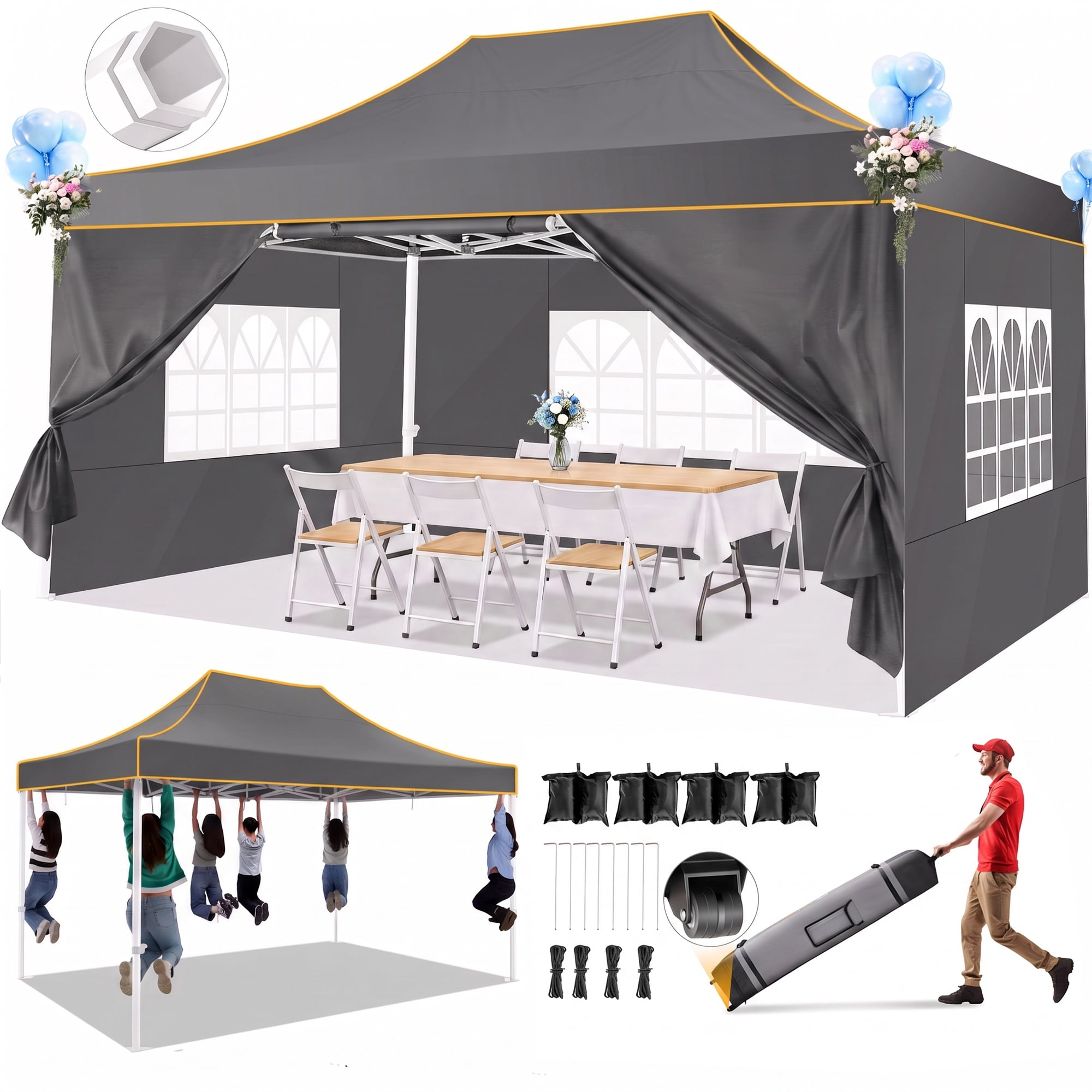 HOTEEL 10x15 Pop Up Canopy Tent Heavy Duty with 4 Sidewalls,Tents for Parties Outdoor Canopy Event Tent Wedding with Roller Bag,UV 50+ & Upgraded No Water Accumulation,Thick Hexagonal Legs,Gray