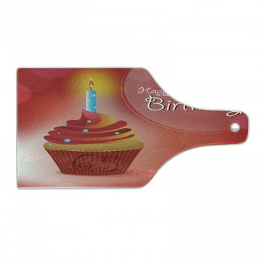 65th Birthday Cutting Board, 65 Years Old Sun and Stars Cupcake Candlestick Illustration, Decorative Tempered Glass Cutting and Serving Board, Wine Bottle Shape, Orange Blue Red, by Ambesonne